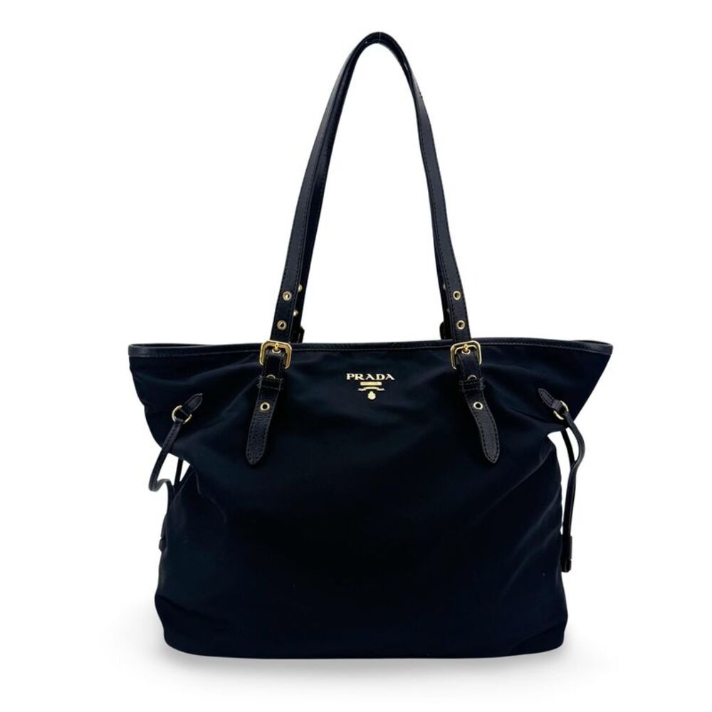 Prada Tessuto Nylon Crossbody Tote Bag Black Gold Hardware